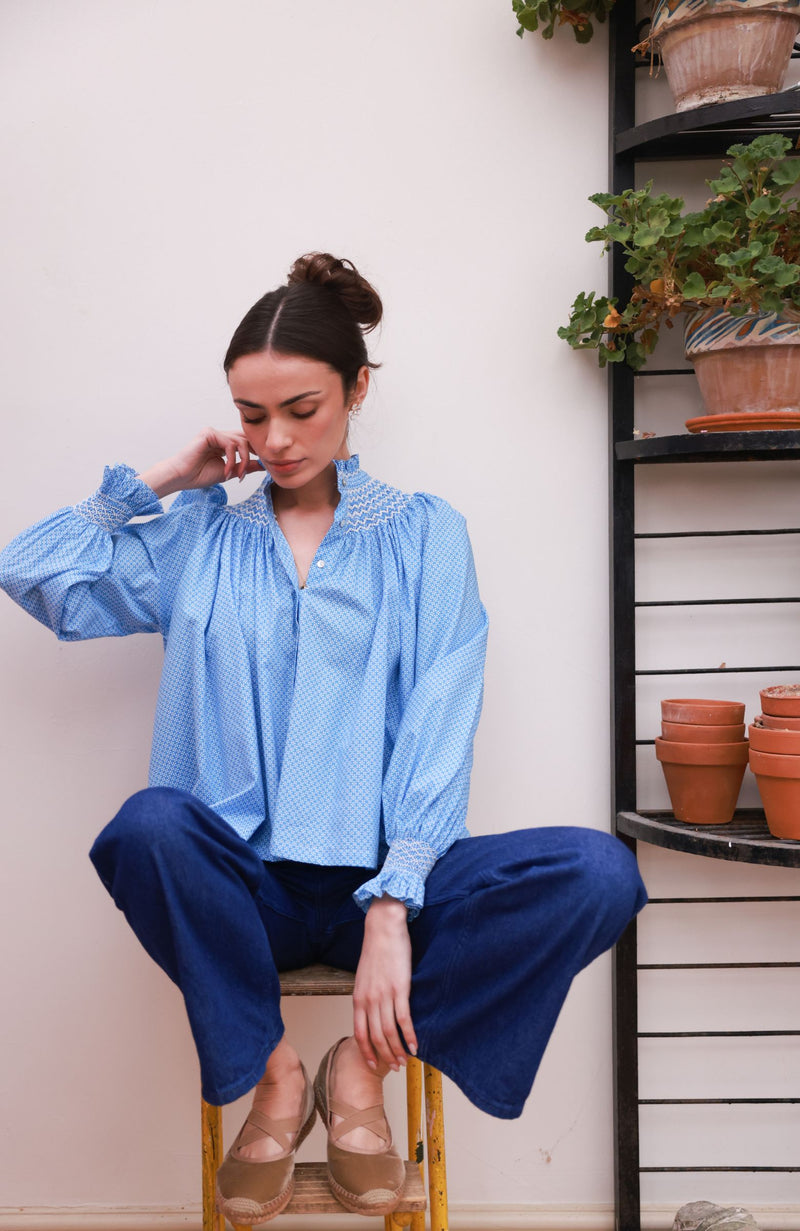 Pom x Smock London Scholl Blouse Paperwhite Ditsy with Snowdrop Hand Smocking Edition 61