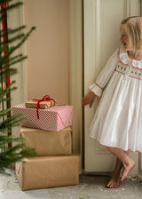 2-3y Samantha Varvel x Smock London Nightingale Girls Dress Moonstone White with Candy Cane Trim and Holly Hand Smocking