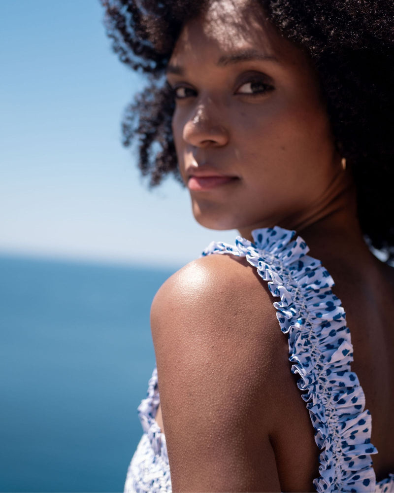 Rachel Carson Dress Blue Leopard with Sapphire Hand Smocking