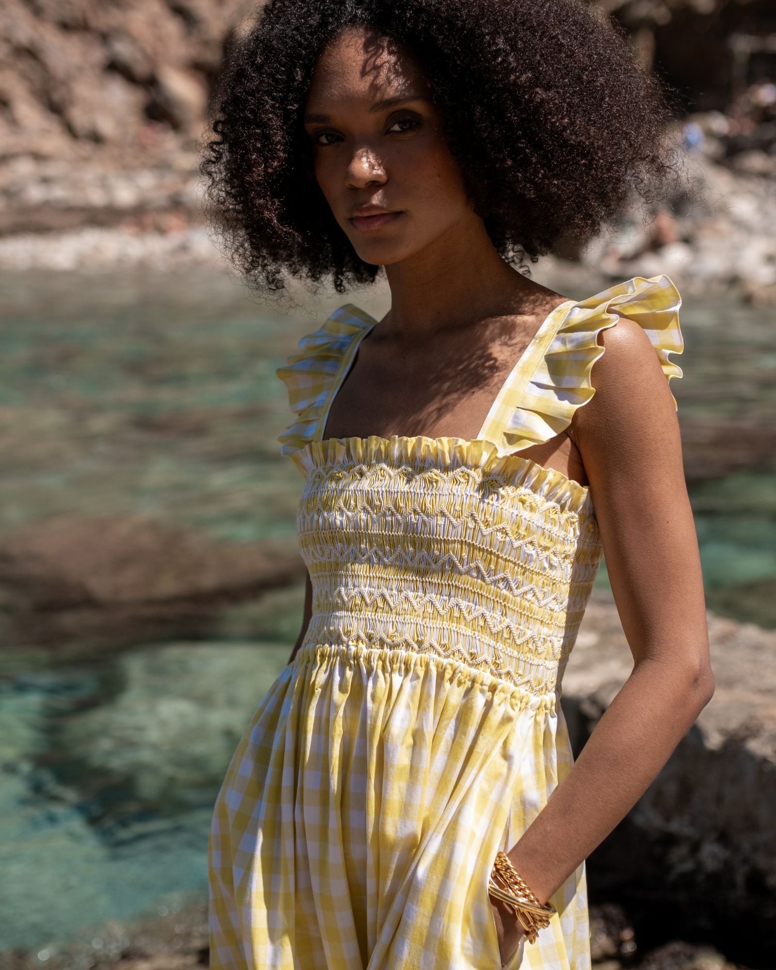 Rachel Carson Dress Positano Check with Ice White Hand Smocking
