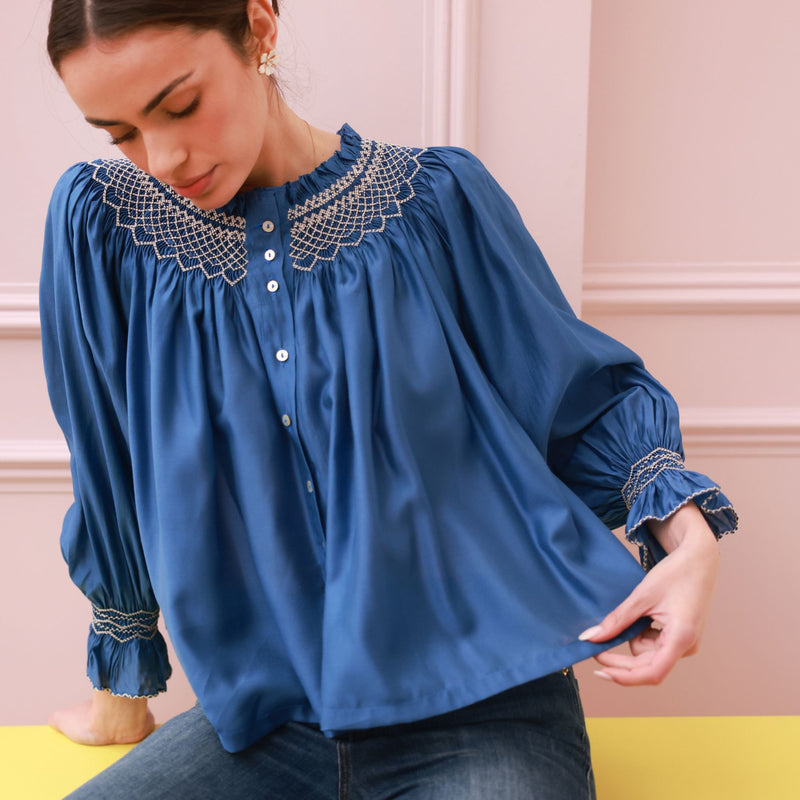Cleopatra Blouse Cobalt Silk Cotton Sapphire with Vanilla Hand Smocking Edition 33