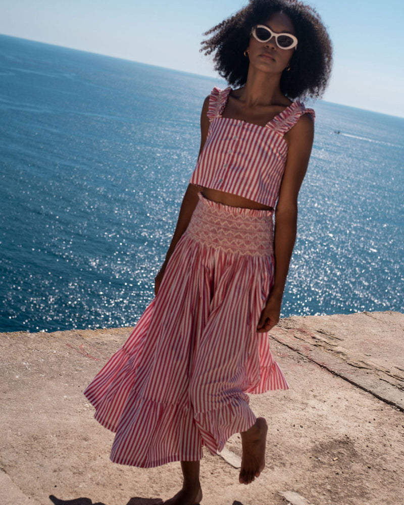 Gibson Top Tomato Stripe with Chalk Hand Smocking