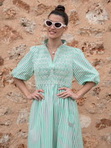 Victoria Woodhull Dress Green Goddess Stripe with Chantilly Hand Smocking