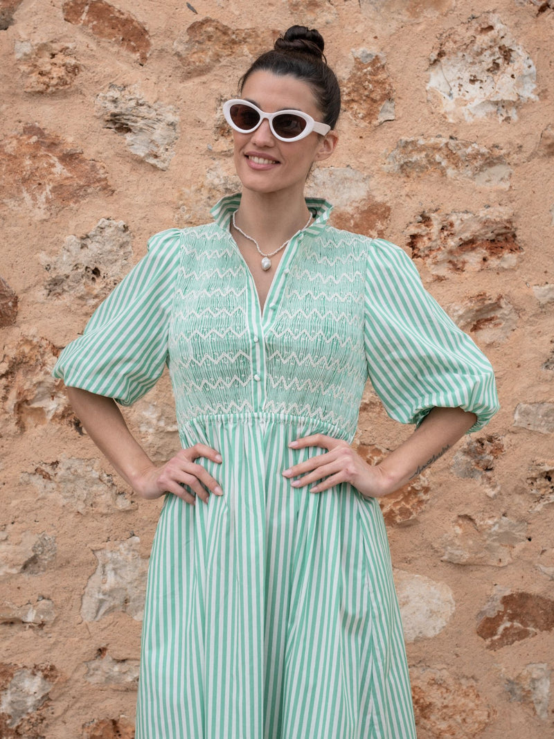 Victoria Woodhull Dress Green Goddess Stripe with Chantilly Hand Smocking