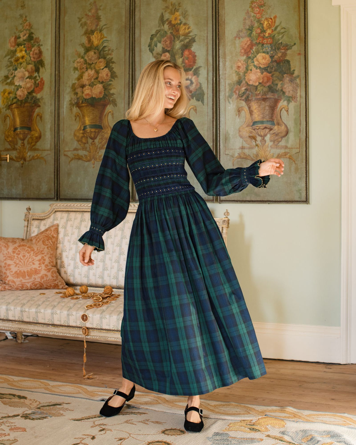 Earhart Dress Blackwatch Tartan with Midnight Star Hand Smocking
