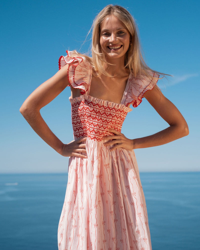 Octavia Hill Dress Red Ribbons with Love Knot Hand Smocking