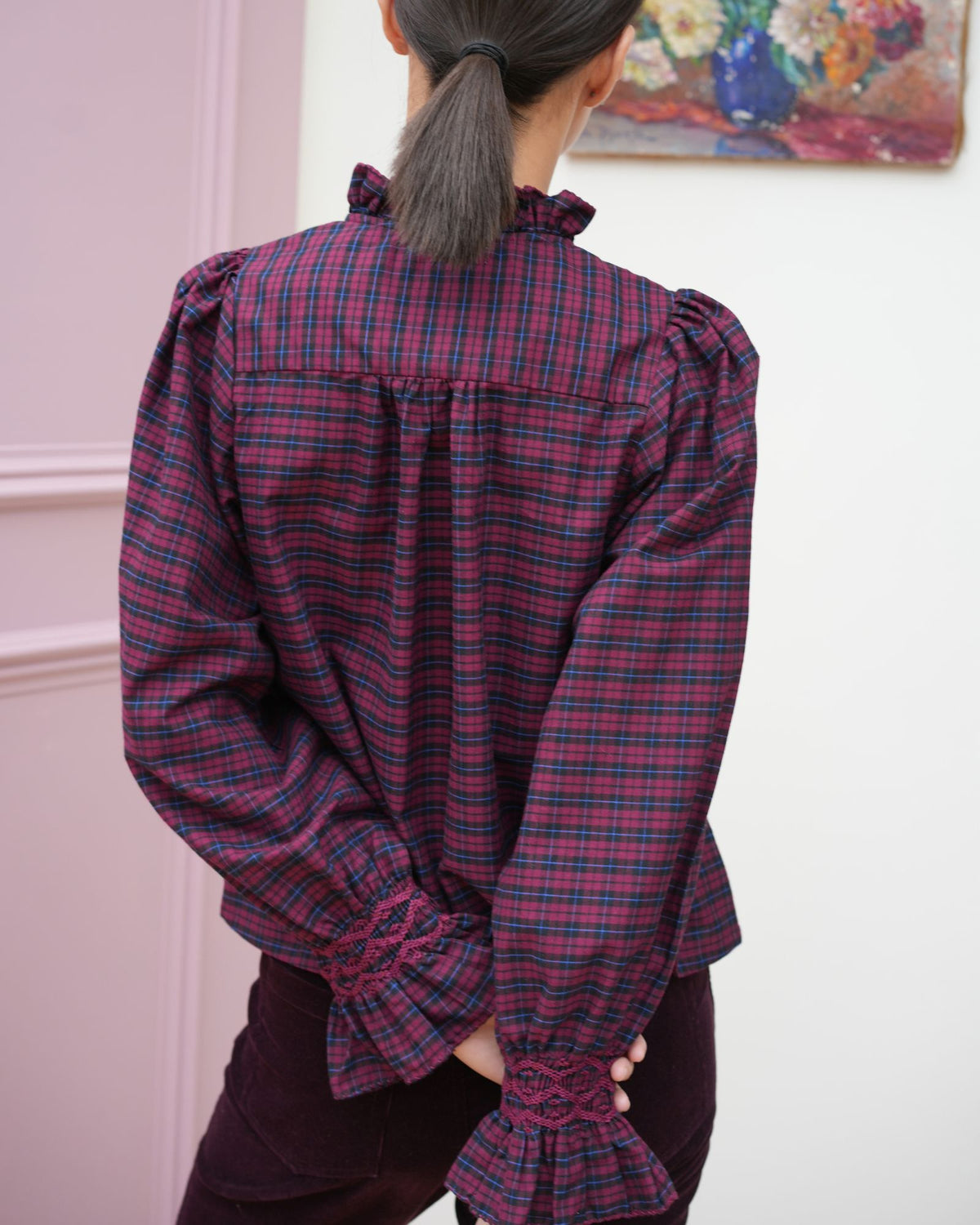 Shelley Blouse Mulberry Plaid with Merlot Hand Smocking Edition 29