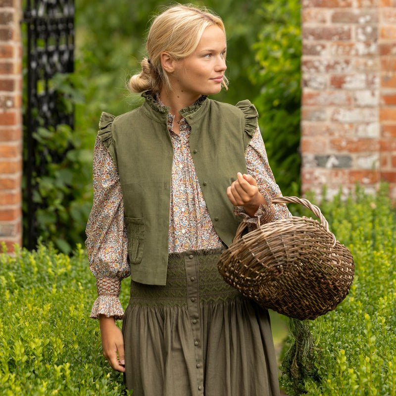 Mary Seacole Women's Skirt Oak Leaf Linen with Moss Hand Smocking