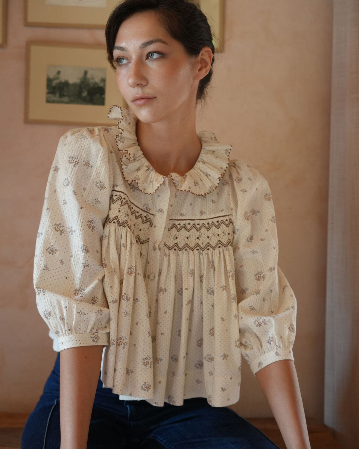 Marie Curie Blouse Tea Posie with Toffee Cream Hand Smocking