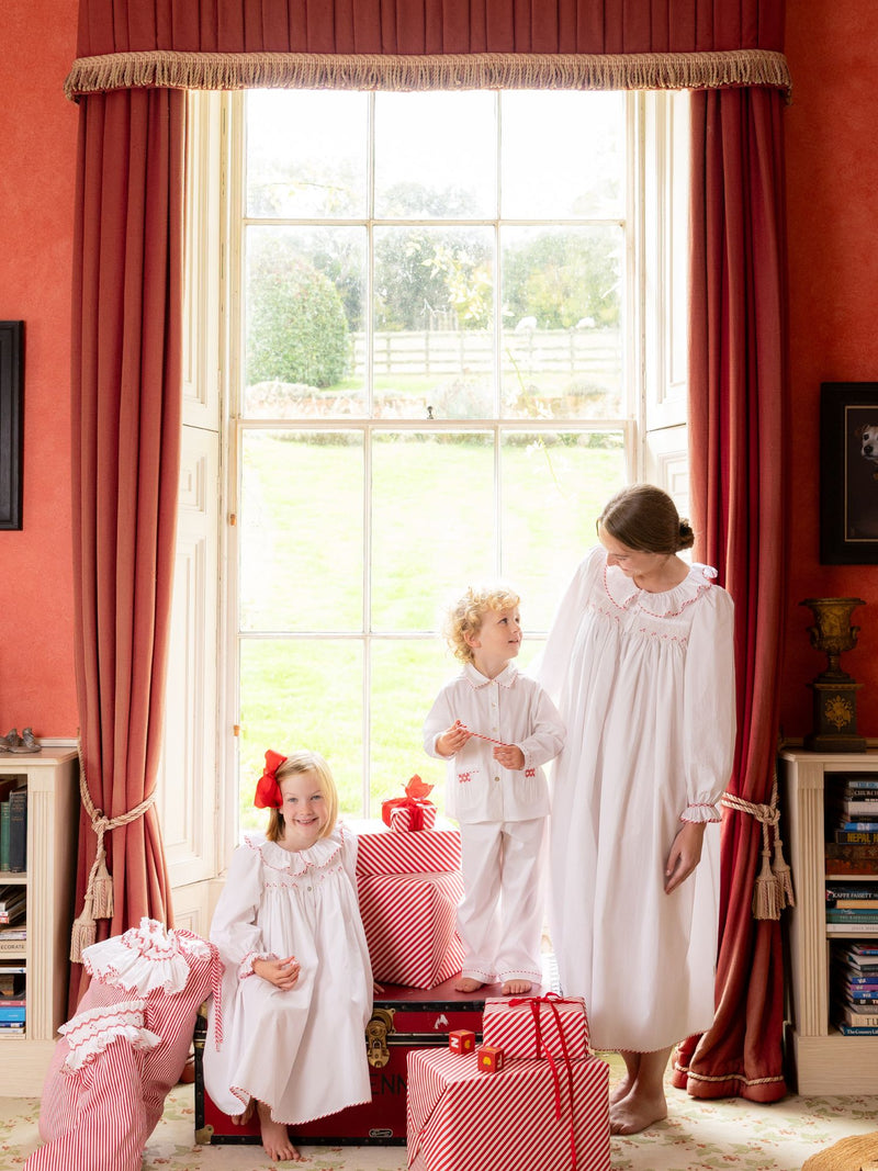 Lilly Parr Pyjamas Moonstone White with Candy Cane Trim and Hand Smocking