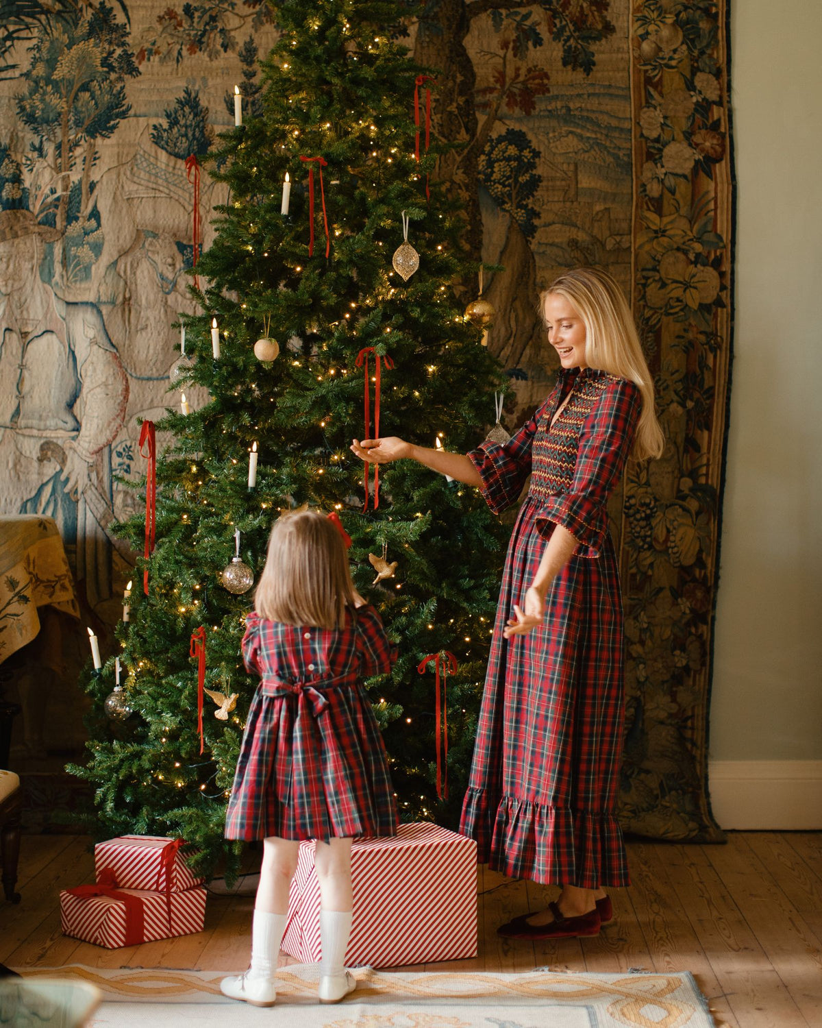 Thatcher Dress McDonald Tartan with Green and Glitter Hand Smocking