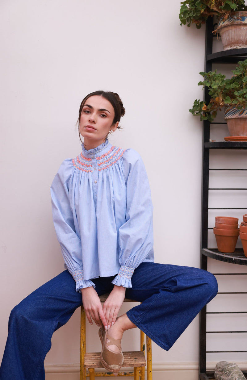 Scholl Blouse Oxford Stripe with Orange Blossom Hand Smocking Edition 62