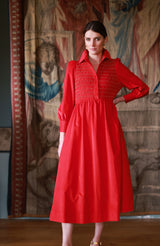 Victoria Woodhull Women's Dress Crimson Needlecord with Gold Coin Hand Smocking