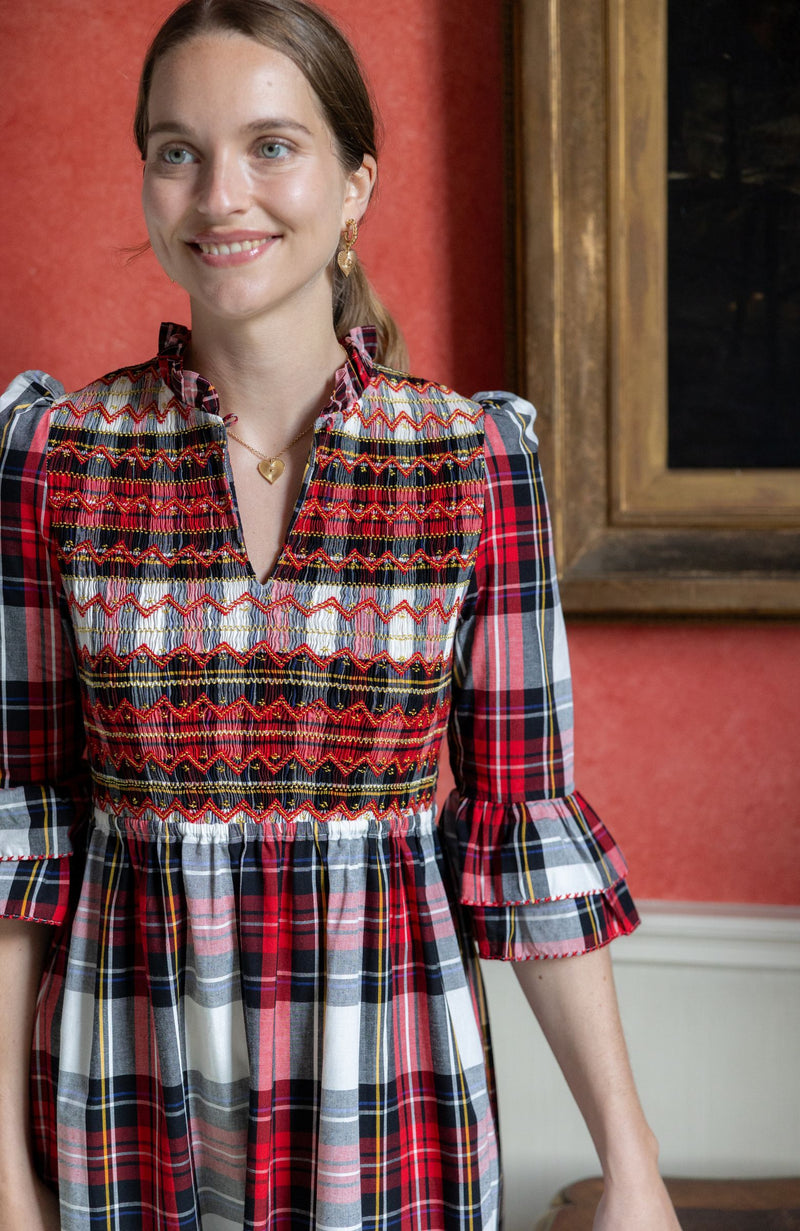 Emmeline Pankhurst Women's Dress Royal Tartan with Sleigh Bell Hand Smocking