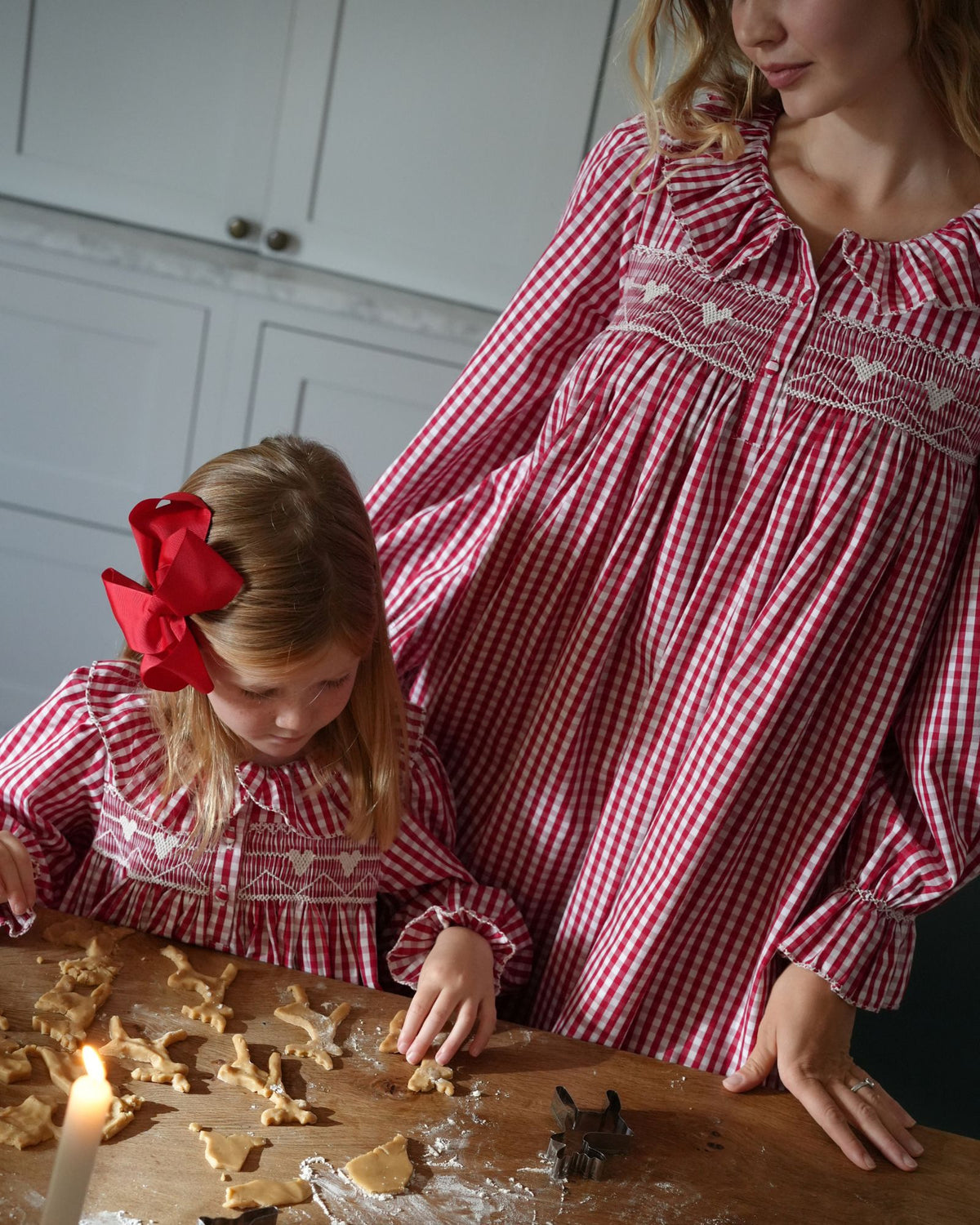 Nightingale Women's Dress Crimson Gingham with Snow Angel Hand Smocking