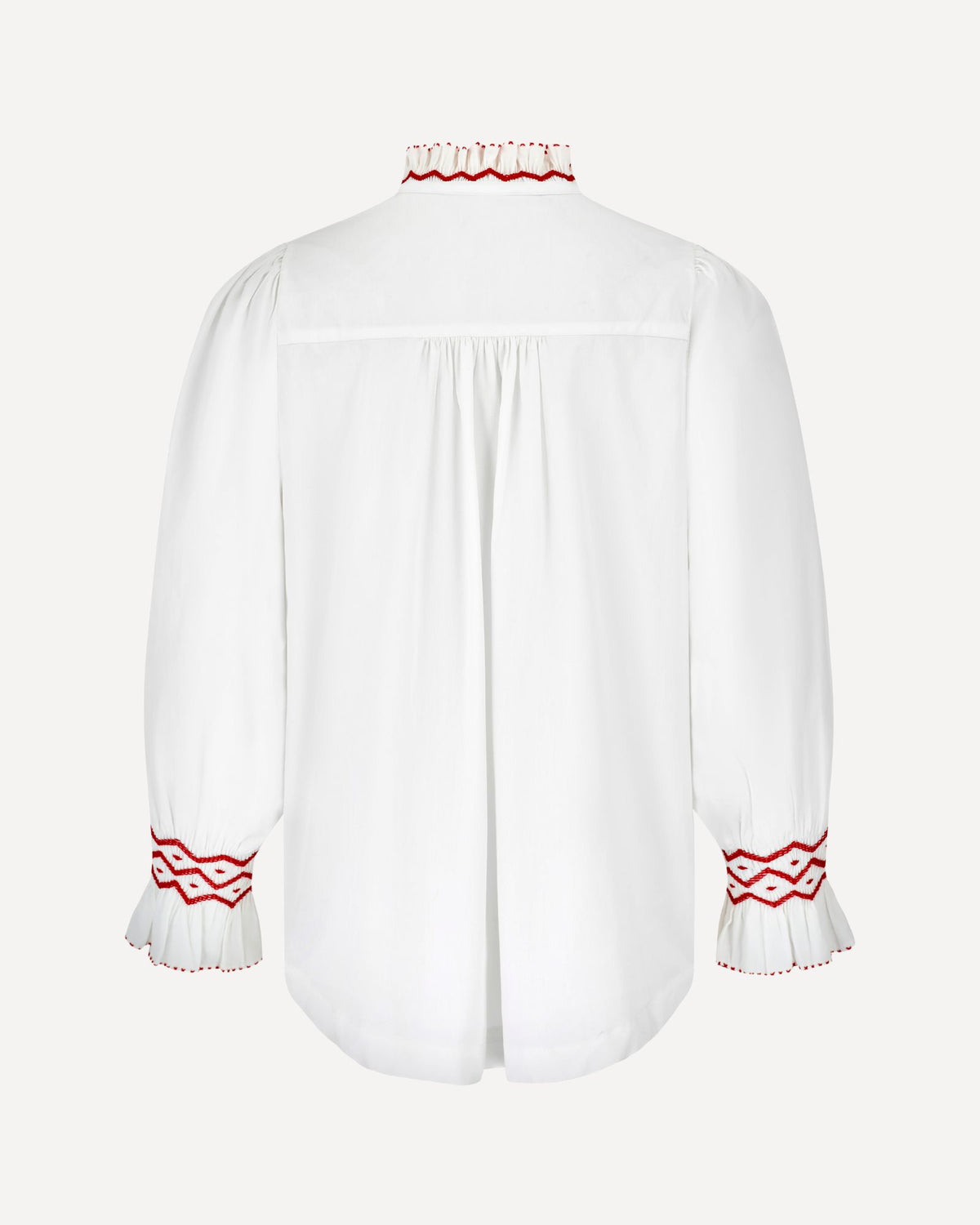 Shelley Blouse White Cotton with Pillar Box Red Hand Smocking