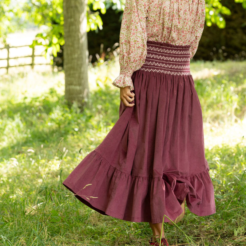 Sullivan Women's Skirt Mulberry Needlecord with Rosehip Hand Smocking