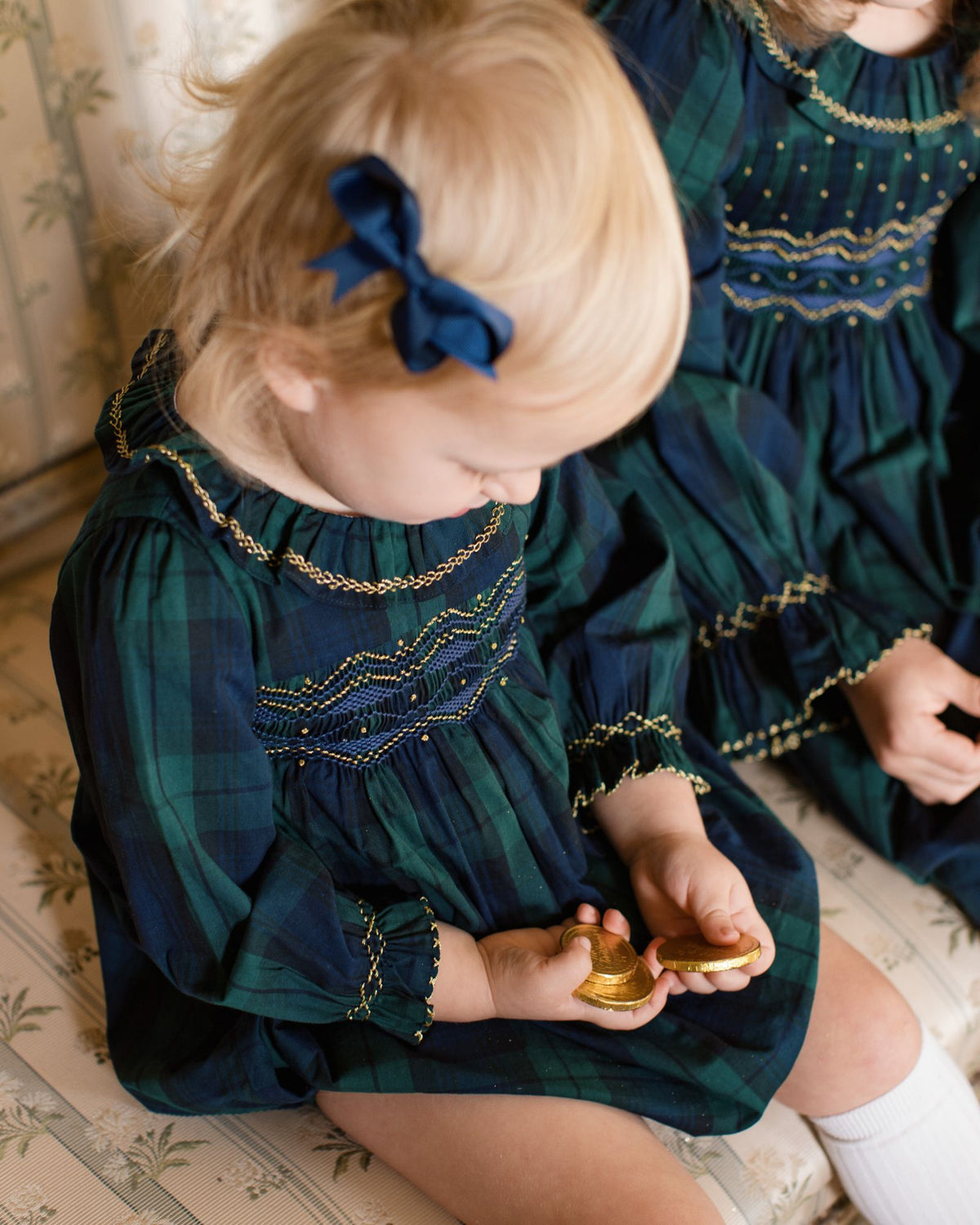 Jane Austen Romper Blackwatch Tartan with Midnight Star Hand Smocking