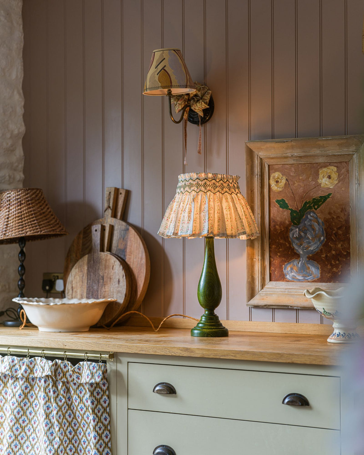 Edit58 x Smock London Elsie Lampshade Secret Garden Trellis with Sage Hand Smocking