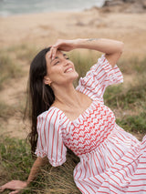 Josefine Butler Dress Aquafresh Stripe with Big Apple Hand Smocking