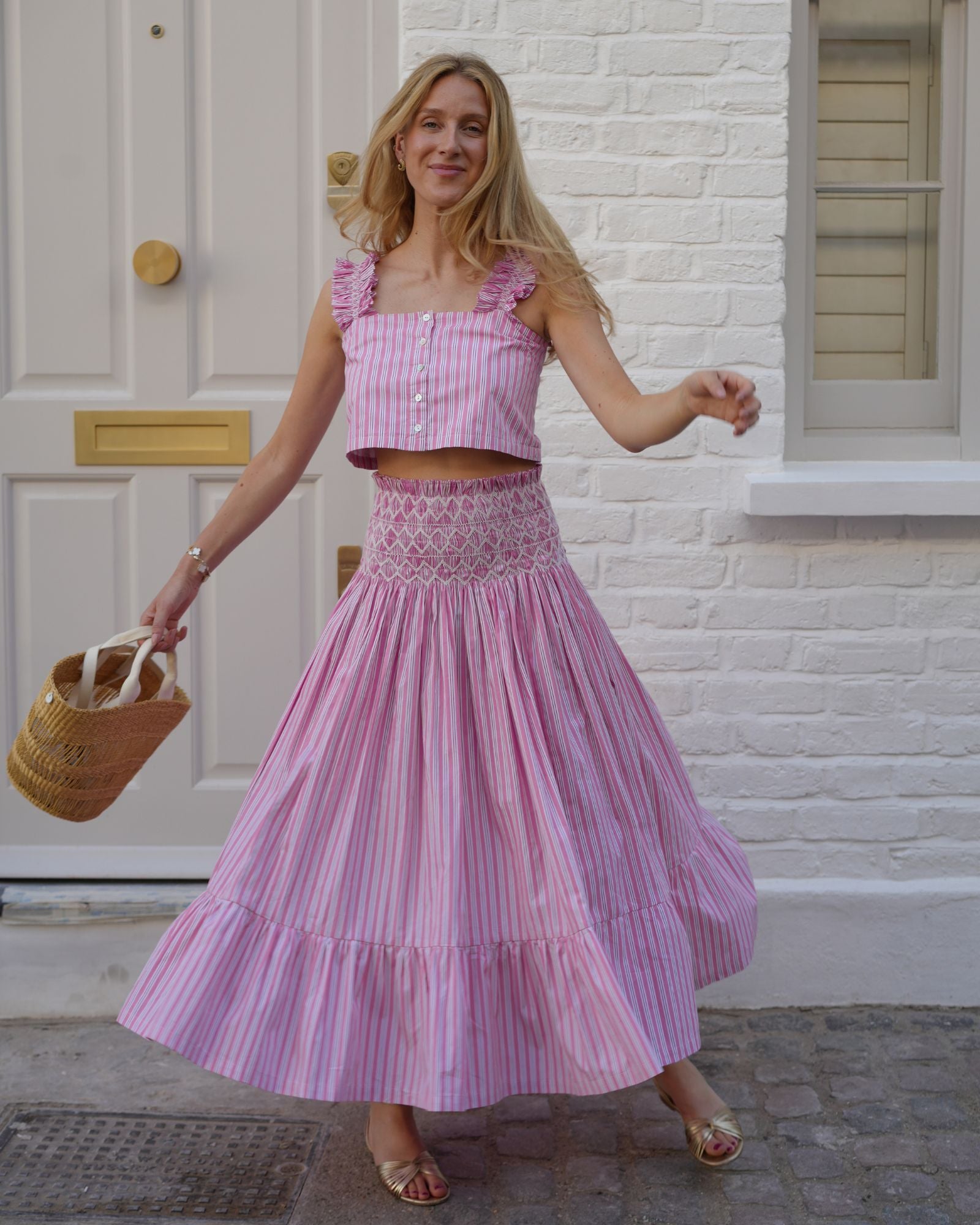 Domenica Marland x Sullivan Skirt Pinstripe Ivory Hand Smocking