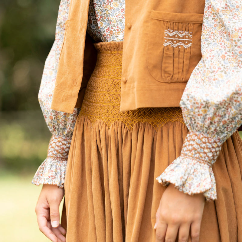 Sullivan Women's Skirt Butterscotch Needlecord with Spiced Vanilla Hand Smocking