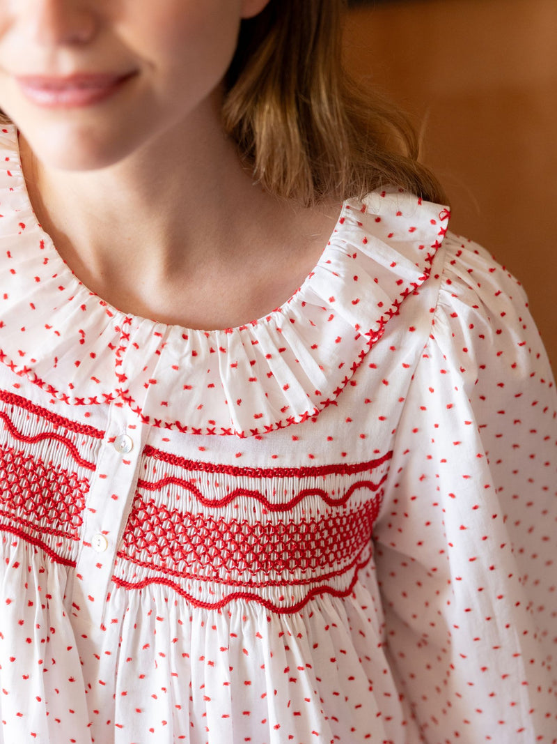 Nightingale Women's Dress Red Berry Plumetti with Stacked Waves Hand Smocking