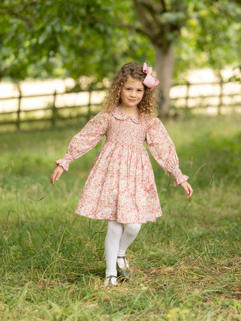 Antoinette Dress with Raspberry Crumble Hand Smocking made with Liberty Poppies & Daisies Fabric