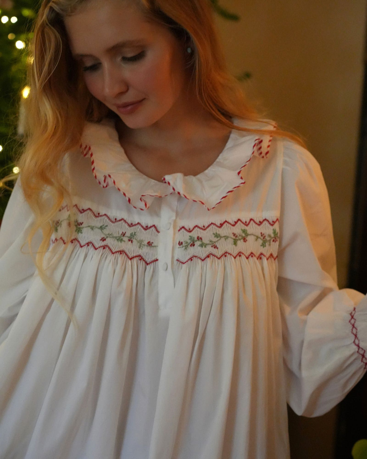 Nightingale Women's Dress with Candy Cane Piping and Christmas Garland Hand Smocking