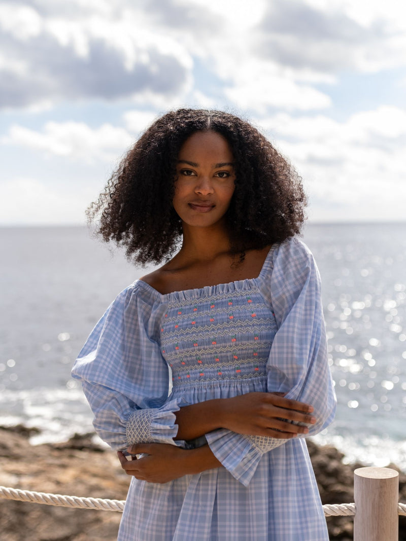 Josefine Butler Dress Seaside Check with Cherries Hand  Smocking