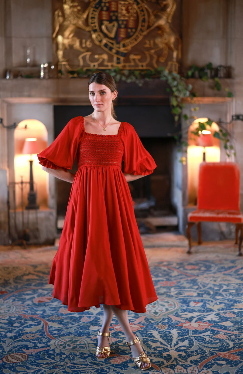 Ella Fitzgerald Women's Dress Crimson Silk-Cotton with Sleigh Bell Hand Smocking