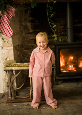 Samantha Varvel x Smock London Lilly Parr Pyjamas Gingerbread Stripes with Snow Trim and Hand Smocking