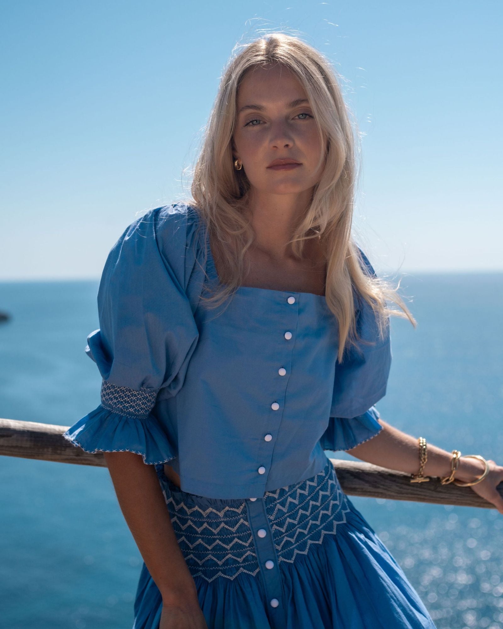 Sappho Blouse Lapis Lazuli Cotton with Seagull Hand Smocking