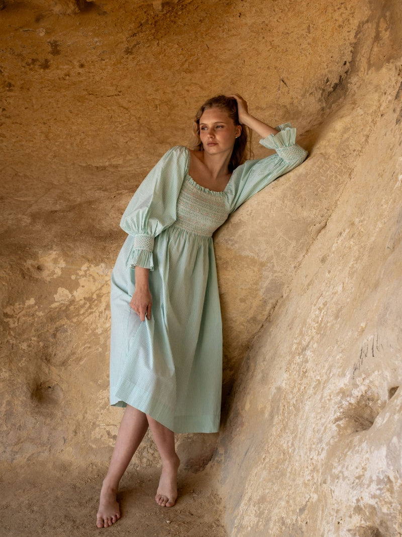 Josefine Butler Dress Kelly Green Seersucker with Cherry Pop Hand Smocking