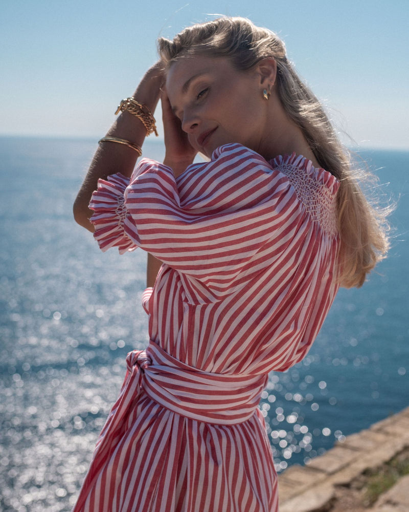 Grace Darling Dress Venetian Stripe with Latte Hand Smocking