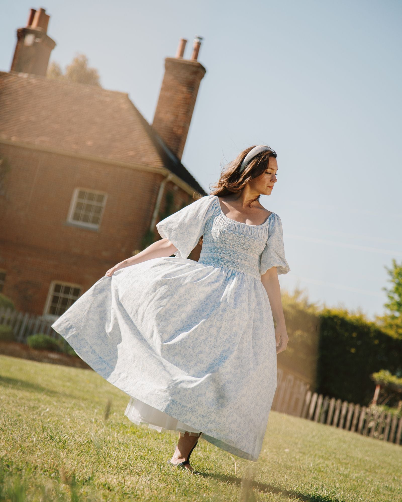 My Mulberry House x Smock London Scarlett Dress Toile des Champs with Delphinium Hand Smocking