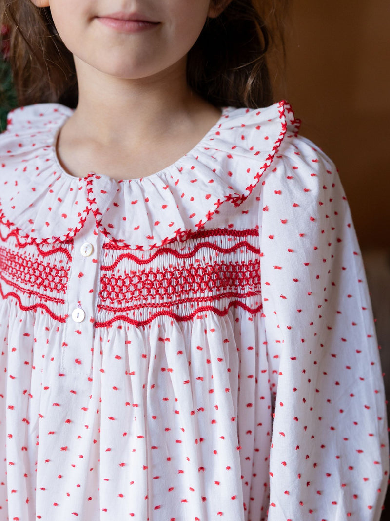 Nightingale Girl's Dress Red Berry Plumetti with Stacked Waves Hand Smocking