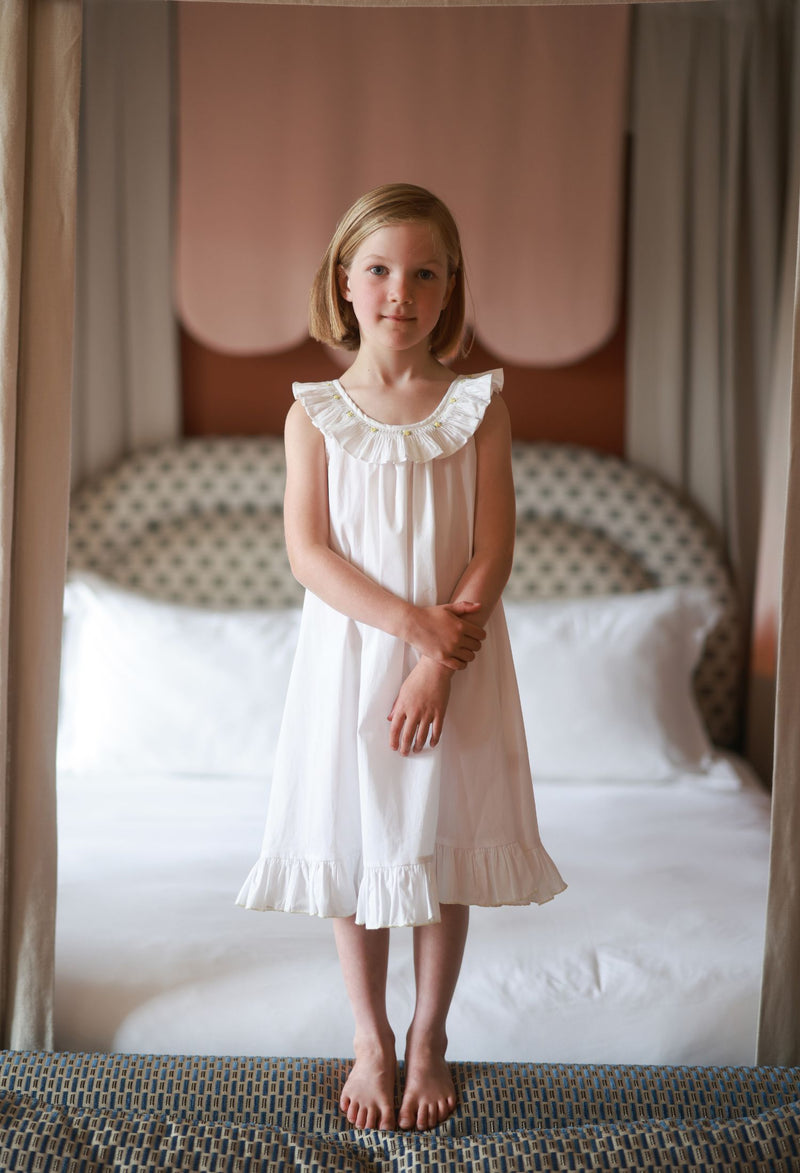 Memo Press x Smock London Girls Alice Dress Moonstone with Yellow Rose Hand Smocking