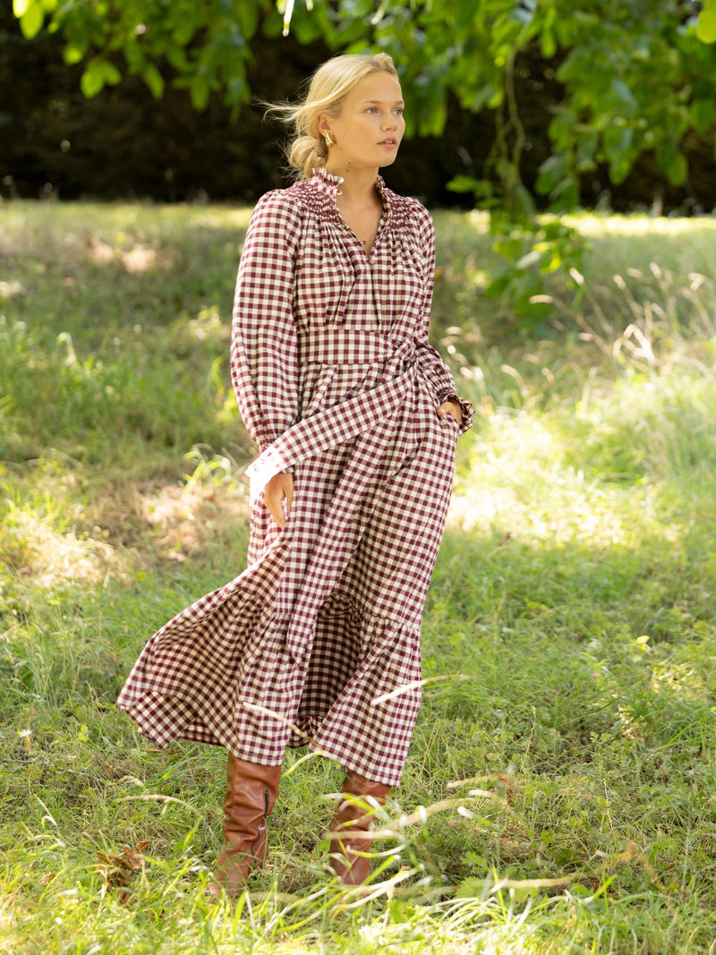 Colette Dress Mulled Wine Gingham Brushed Cotton with Spiced Cinnamon Hand Smocking