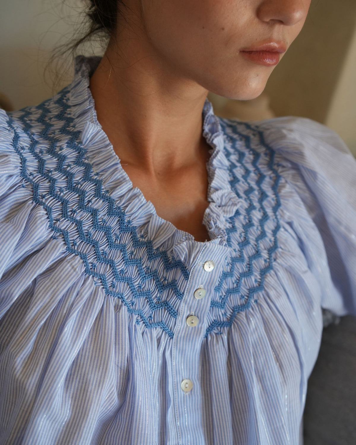 Cleopatra Blouse Silver Linings Stripe with Sapphire Hand Smocking Edition 52