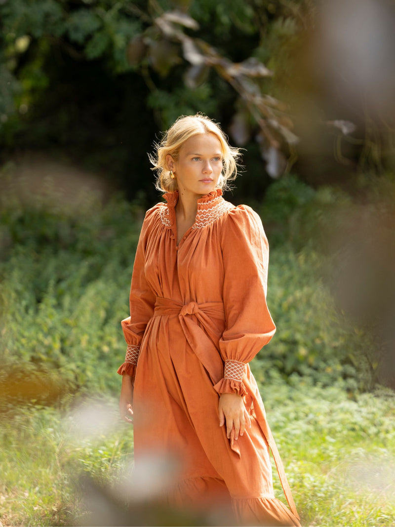 Colette Women's Dress Butterscotch Needlecord with Full Moon Hand Smocking