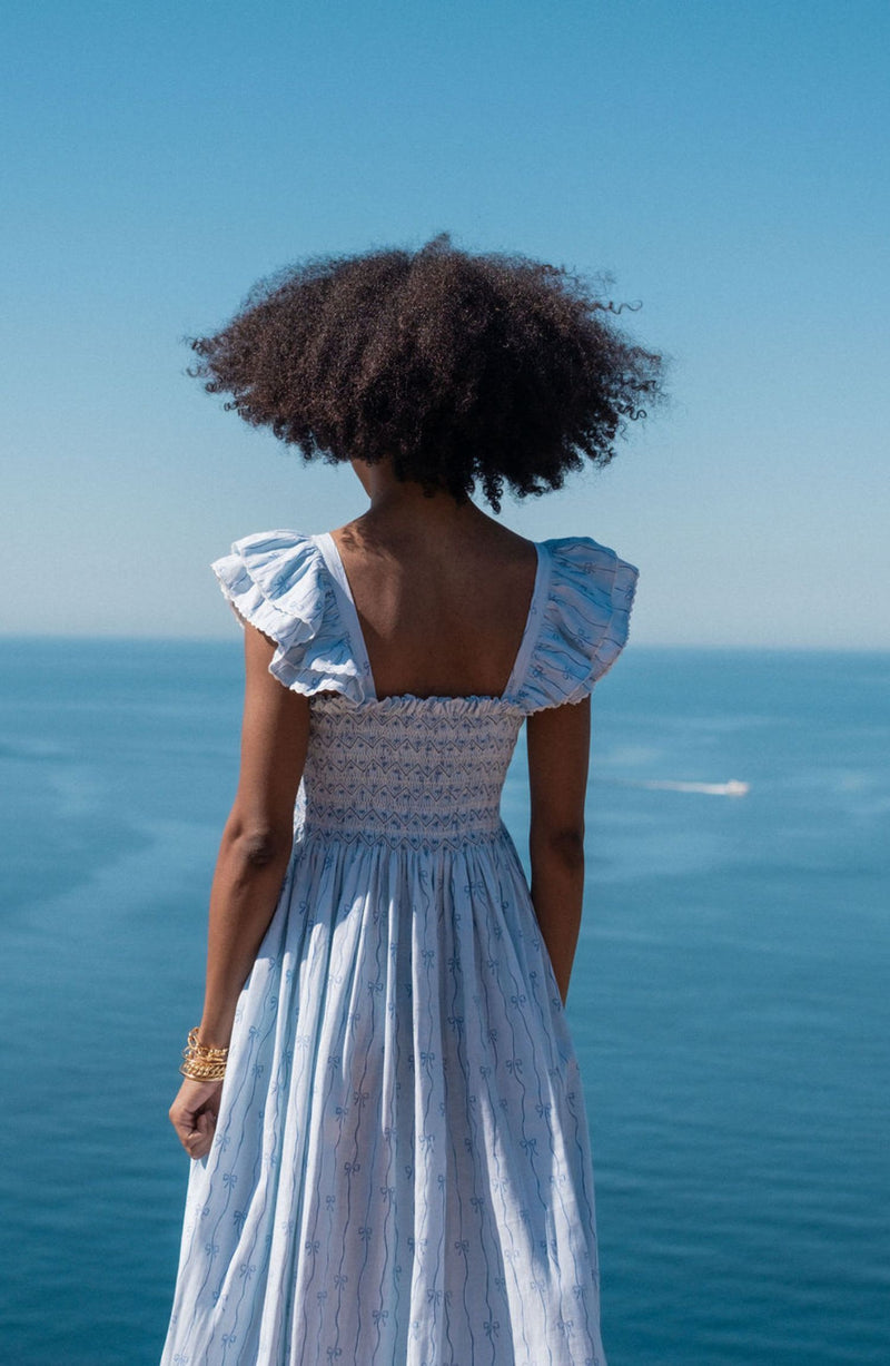 Octavia Hill Dress Blue Ribbons with Summer Skies Hand Smocking