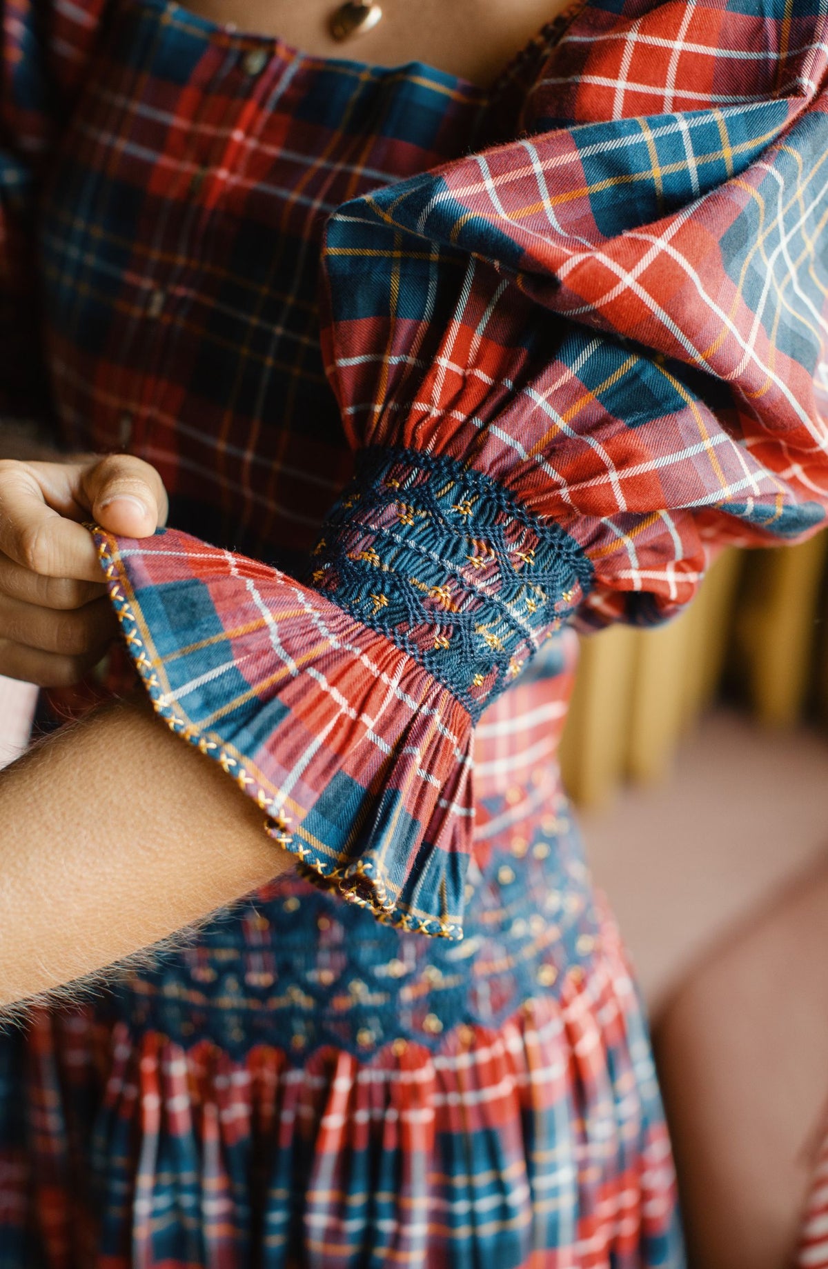Sappho Blouse Wallace Tartan with Midnight Sparkle Hand Smocking
