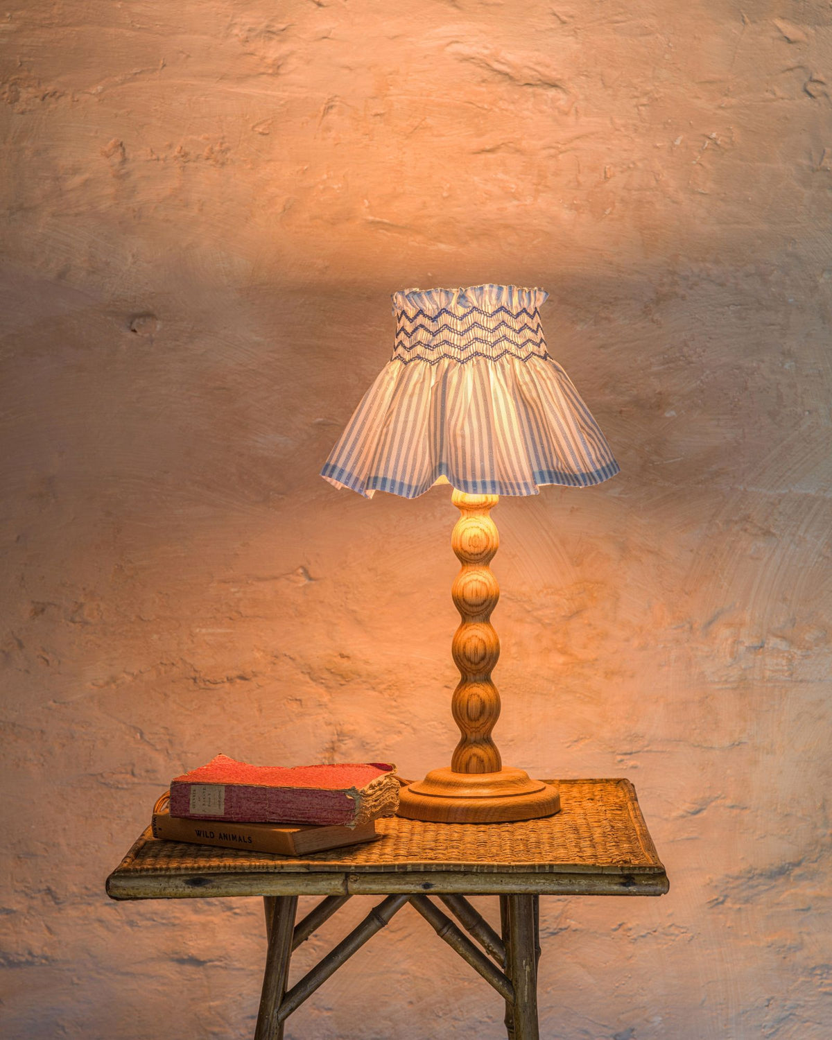 Edit58 x Smock London Elsie Lampshade Spotted Blue Stripe with Sapphire Hand Smocking
