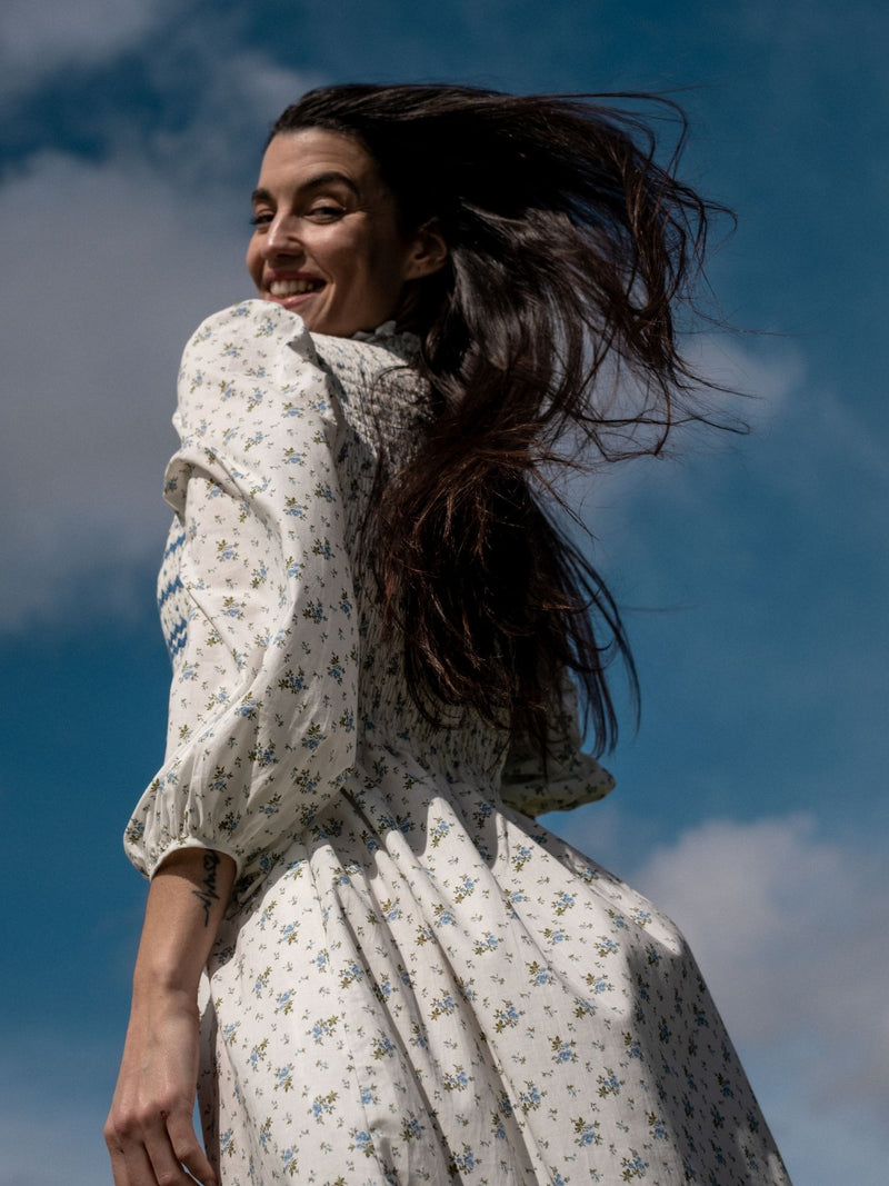Emmeline Pankhurst Dress Brunnera Blooms with Forget Me Not Hand Smocking
