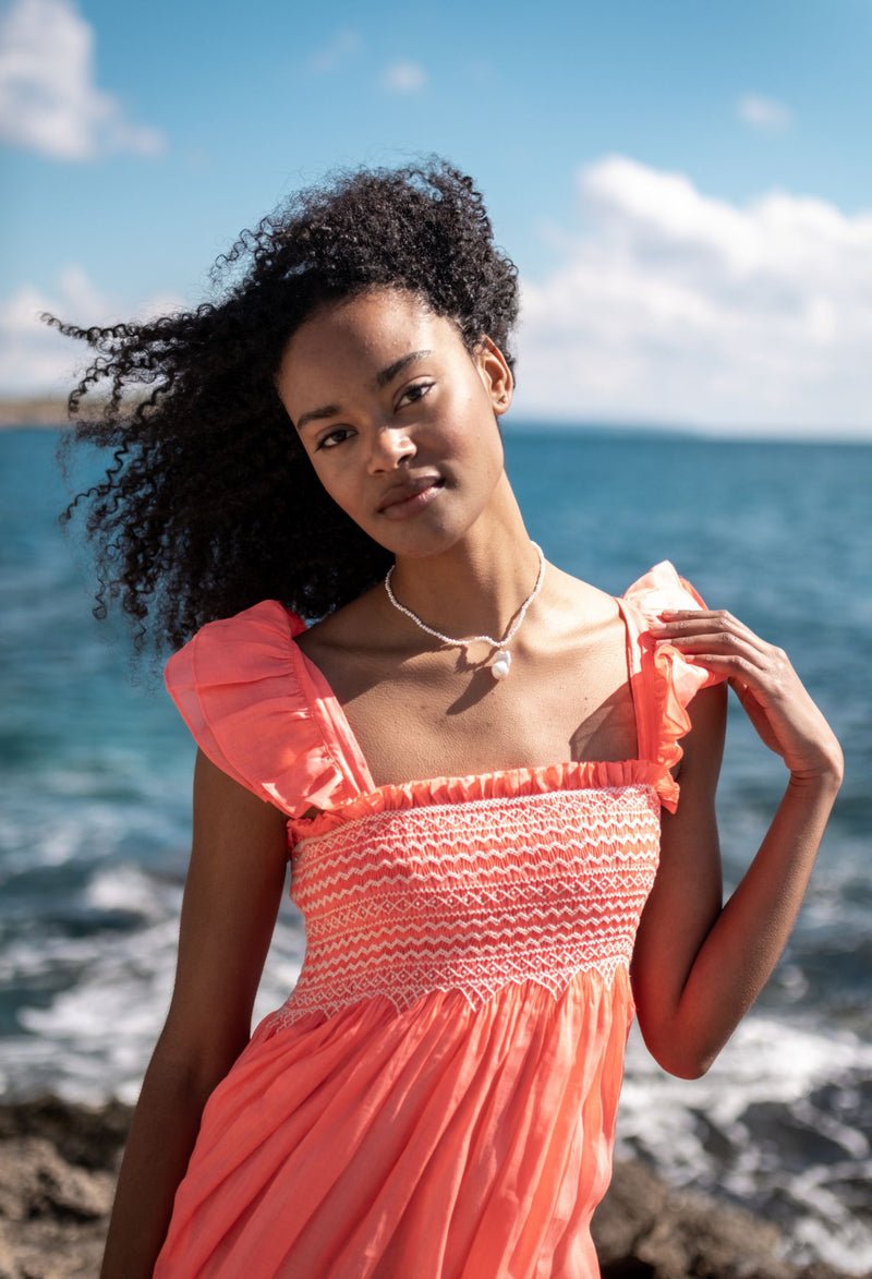 The Wallis Simpson Dress Coral Dreams Organdie with Chantilly Hand Smocking