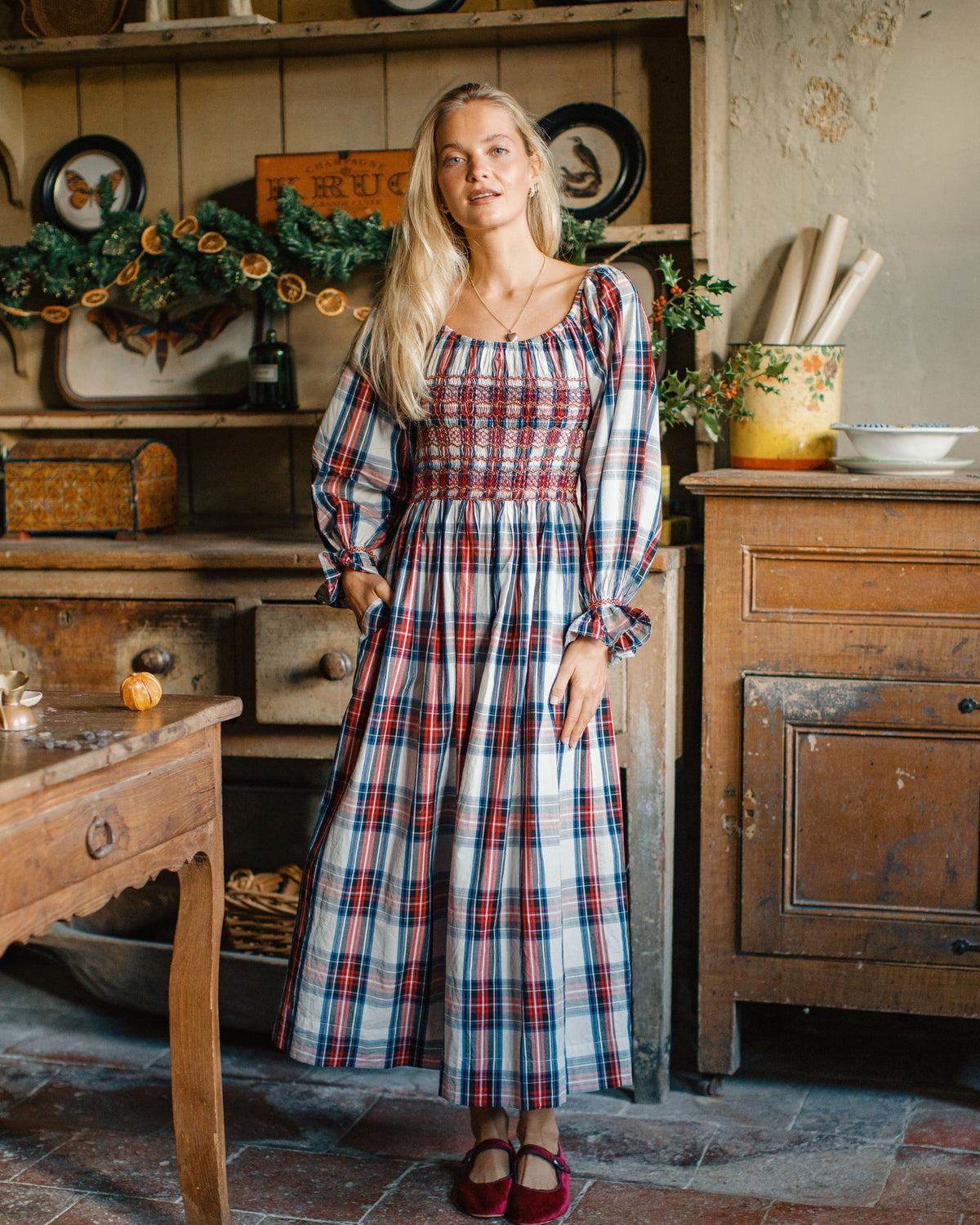 Amelia Earhart Dress Britannia Check with Winter Berry Hand Smocking