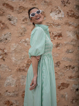 Victoria Woodhull Dress Green Goddess Stripe with Chantilly Hand Smocking