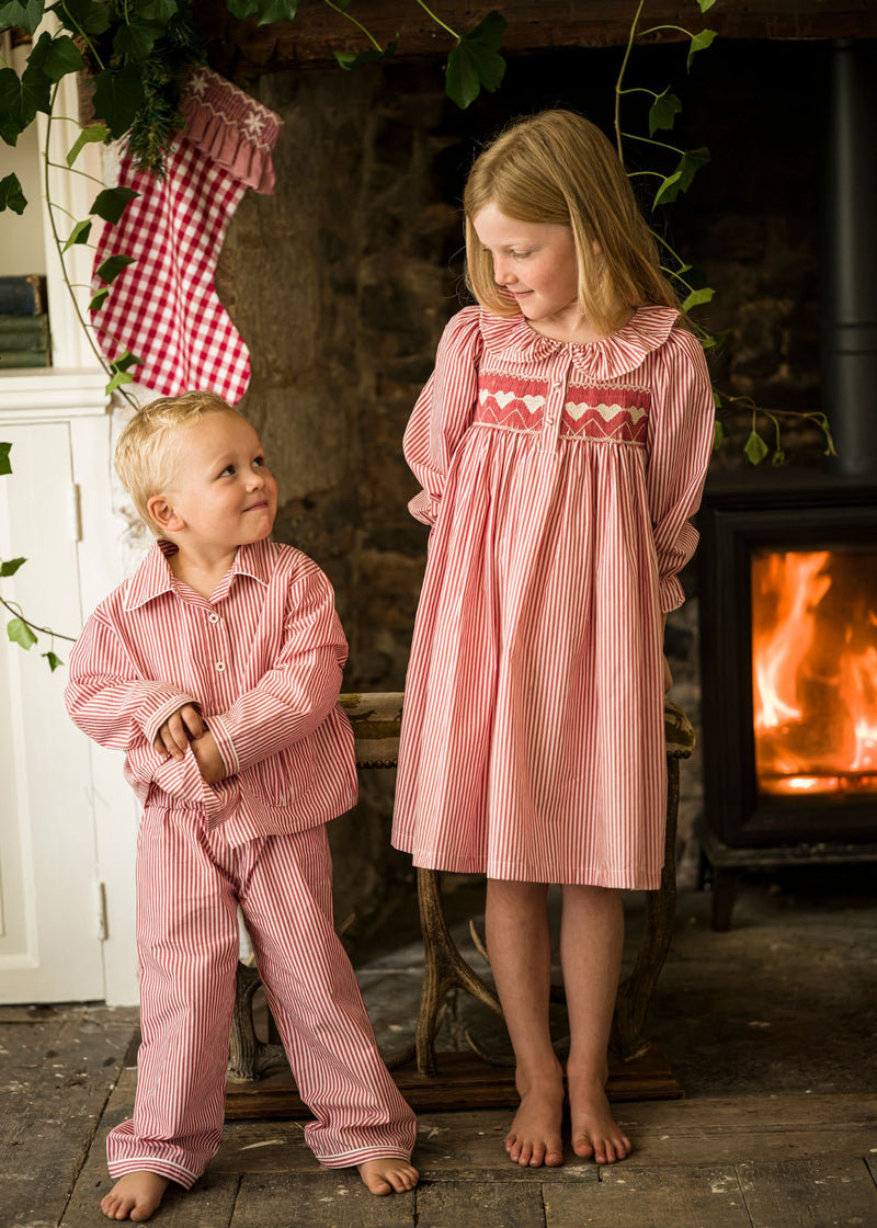 Samantha Varvel x Smock London Lilly Parr Pyjamas Gingerbread Stripes with Snow Trim and Hand Smocking