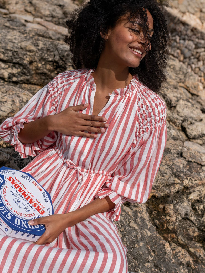 Aloha Wanderwell Dress London Bus Stripe with Milk Hand Smocking